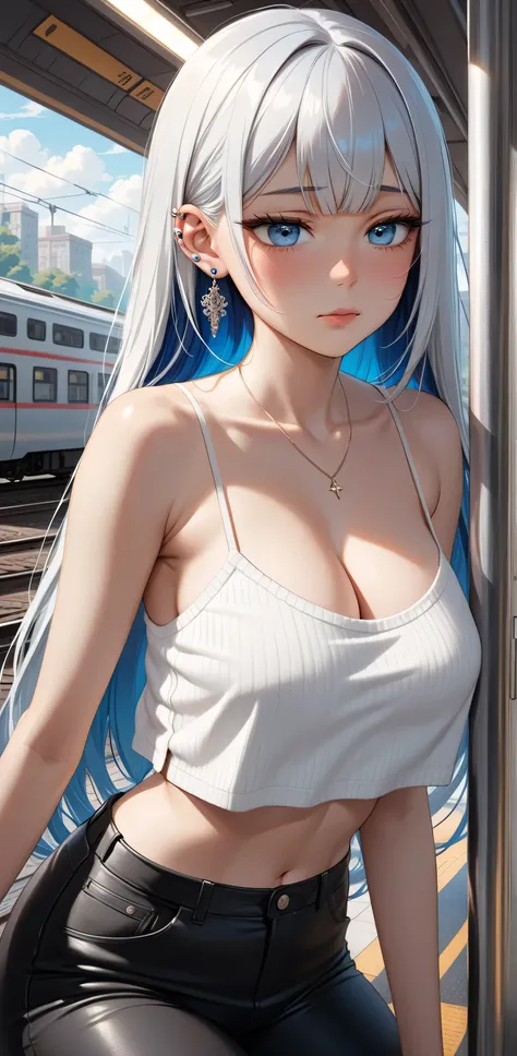 Potret, Random Sexy pose , ((Ultra detailing)), (very aesthetic, best quality, ultra detailed), intricate details, 1girl, silver hair, silver eyes, Blue inner hair, ((Detailed eyes)), ((Beautifull eyes)), ((prefect eyes)), sharp jawline, sweater, long hair...