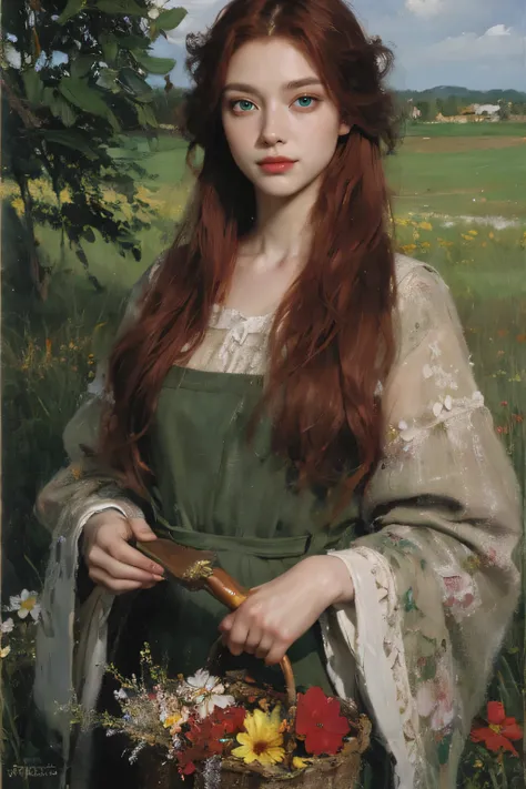 (oil painting:1.5),
\\
a woman with (red long curtly hair ), ((green eyes))  in a field with piones flowers, (amy sol:0.248), (stanley artgerm lau:0.106), (a detailed painting:0.353), (gothic art:0.106)