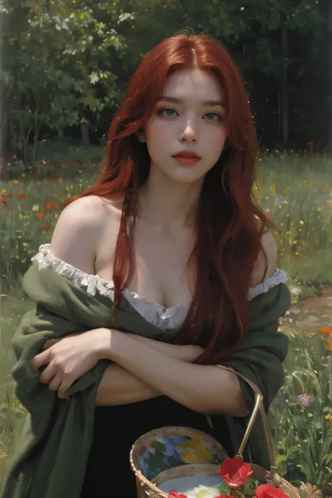 (oil painting:1.5),
\\
a woman with (red long curtly hair ), ((green eyes))  in a field with piones flowers, (amy sol:0.248), (stanley artgerm lau:0.106), (a detailed painting:0.353), (gothic art:0.106)