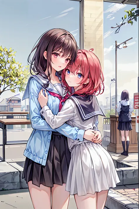 (((2girls))), together, Duo,  masterpiece,  top quality,  integrated landscape, Integrated Background,  very delicate and beautiful,  Details, Good composition,  closed _eye,  cute face ,  Perfect Face,  perfect hand, nail,  Sakura Miko, Sakura Miko, hoshi...