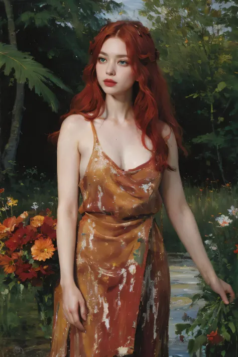 (oil painting:1.5),
\\
a woman with (red long curtly hair ), ((green eyes)) ain a field of  flowers, (amy sol:0.248), nude , with red dress,  (stanley artgerm lau:0.106), (a detailed painting:0.353), (gothic art:0.106)