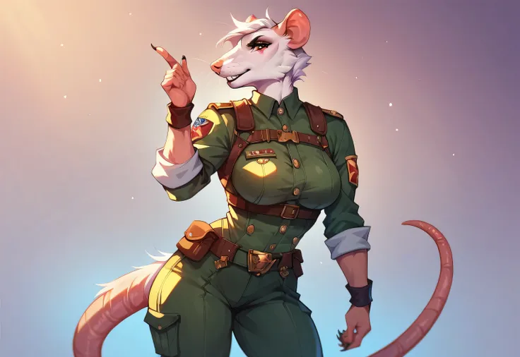  Masterpiece ,  high quality, The best definition, anthropomorphic fluffy rat girl, rat ears ,  rat tail , 4 to, military uniform with body armor