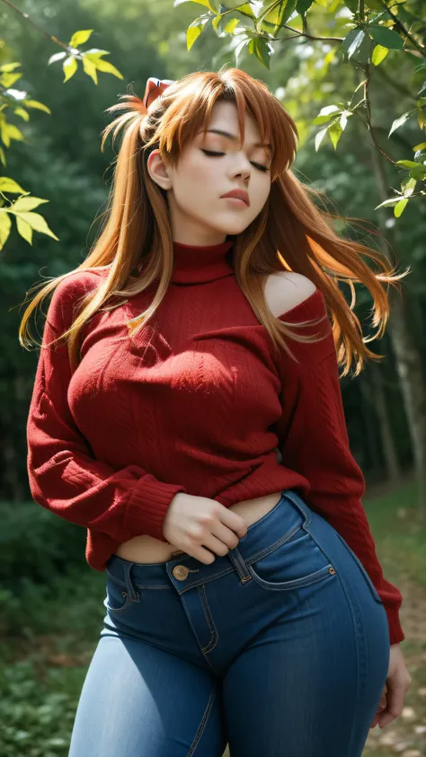 Asuka Langley Sōryū /  Evangelion, Red hair,   a woman  ,  long hair,   eyes closed,  very serious look, She opted for jeans, sweater,    medium breasts,   Not suitable for work,   fat ass,   thick thighs ,   wide hips , from the side, wind,  leaves fallin...