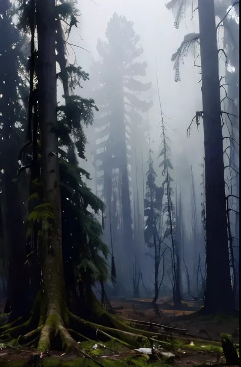 a close up of a forest with dead trees in the fog, a picture by Adam Marczyński, pexels, romanticism, dead forest, destroyed forest, dead tree forest, dystopian gray forest background, ominous and eerie forest, dead trees, burned forest, creepy forest, bur...