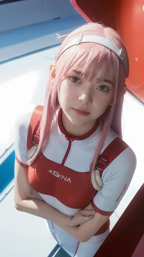 (Overhead view),dynamic angle,ultra-detailed, illustration, straight on, 1girl, ((Zero two, interface headband with a pair of horns, red bodysuit:1.4, pink hair)), Her eyes shone like dreamy stars,(glowing eyes:1.233),(beautiful and detailed eyes:1.1),(exp...