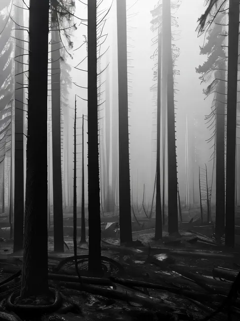 a close up of a forest with dead trees in the fog, dead forest, destroyed forest, dead tree forest, dystopian gray forest background, ominous and eerie forest, dead trees, burned forest, creepy forest, burnt forest, grey forest in the background, eerie atm...