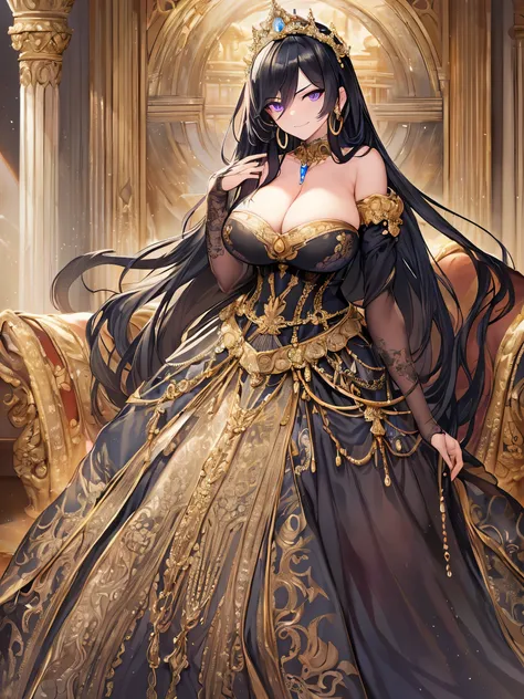 ((incredibly absurdres)), Masterpiece, Best Quality, Super Detail, anime,((Solo)), ((1 black hair Mature Queen)),(((absurdly gigantic breasts))), ((cleavage)), Skindentation, (((detailed face and eyes))),(((glaring))),(((arrogant smile))), arrogant,((very ...