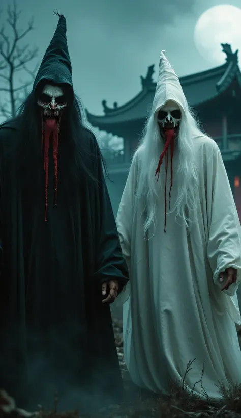 Two Chinese ghostly figures dressed in traditional robes stand in a dark, eerie background. The figure on the left wears a black robe and a tall pointed hat, their long black hair flowing in the wind. Their face is painted with terrifying makeup, lips coat...