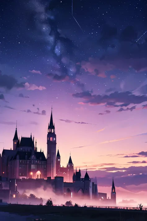  background of a night sky for visual novel, with lots of pink and black clouds ,  plus a medieval castle in the background 