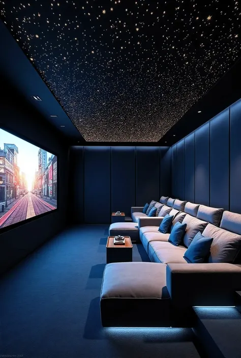 
A luxurious home theater with a cozy and modern design, featuring a dark acoustic ceiling embedded with numerous small LED lights resembling a starry night sky, creating an immersive ambiance, the walls are covered in dark soundproof panels to enhance aco...