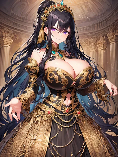 ((incredibly absurdres)), Masterpiece, Best Quality, Super Detail, anime,((Solo)), ((1 black hair Mature Queen)),(((absurdly gigantic breasts))), ((cleavage)), Skindentation, (((detailed face and eyes))),(((glaring))),(((arrogant smile))), arrogant,((very ...