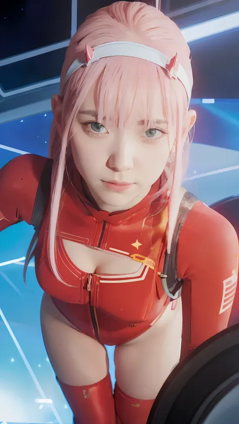 (Overhead view),dynamic angle,ultra-detailed, illustration, straight on, 1girl, ((Zero two, interface headband with a pair of horns, red bodysuit:1.4, pink hair)), Her eyes shone like dreamy stars,(glowing eyes:1.233),(beautiful and detailed eyes:1.1),(exp...