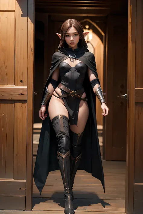 (masterpiece), best quality, expressive eyes, perfect face, ((1 female wood elf)), fit body, ((black rogue cloak)), pointy ears, short full body, ((Marvel's BlackPanther inspired costume:0.9)), brown hair, two shortswords are in both of her hands,