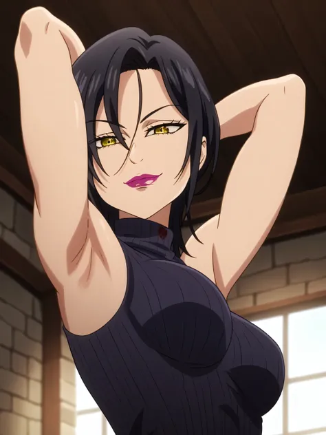 score_9, score_8_up, score_7_up, source_anime, masterpiece, best quality, amazing quality, anime screencap, 1girl, solo, mature woman, merlin-llts, short hair, black hair, yellow eyes, makeup, lipstick, breasts, medium breasts, slim body, black sweater, sl...