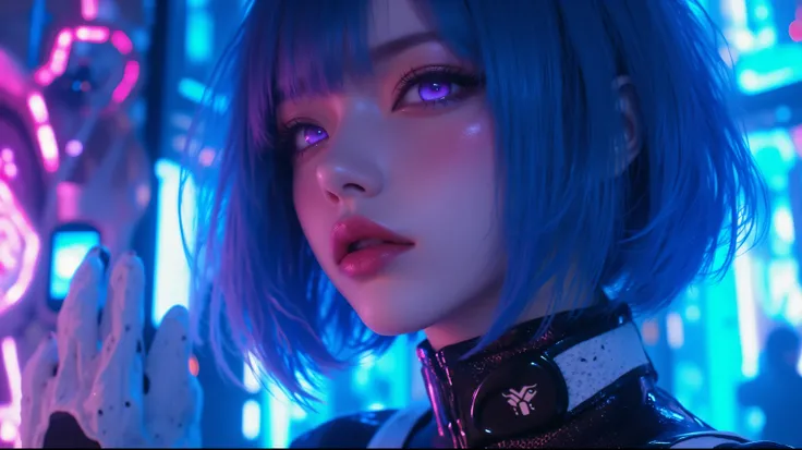 Close-up portrait of a futuristic cyberpunk very beautiful sexy women woman with vibrant blue bob-cut hair and mesmerizing purple glowing eyes. She wears a high-tech, sleek outfit with mesh details and a white glove, exuding a bold and confident aura. The ...