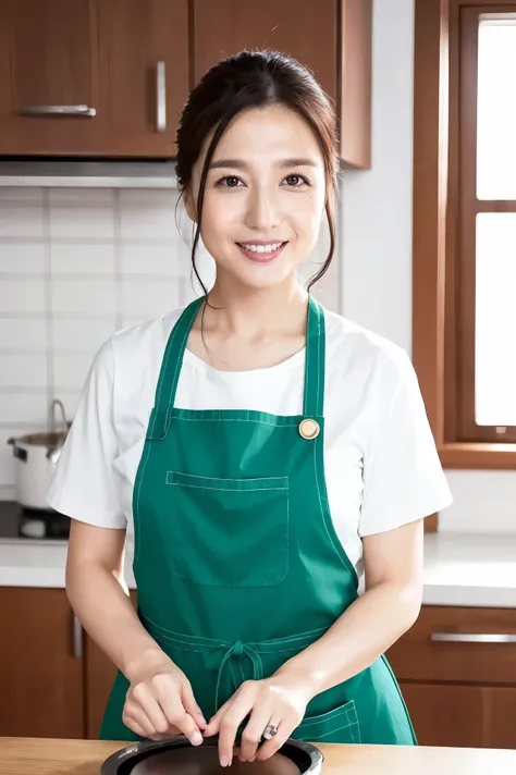 ( top quality、 table top、8k、 Max Image Quality、 Award-winning work )、1. mature woman、(perfect and simple apron:1.1)、Portrait photo of a perfect beauty 、 growing skin、( accentuates your body line:1.1)、She is standing gracefully、( Face Up :1.4)、A woman is w...