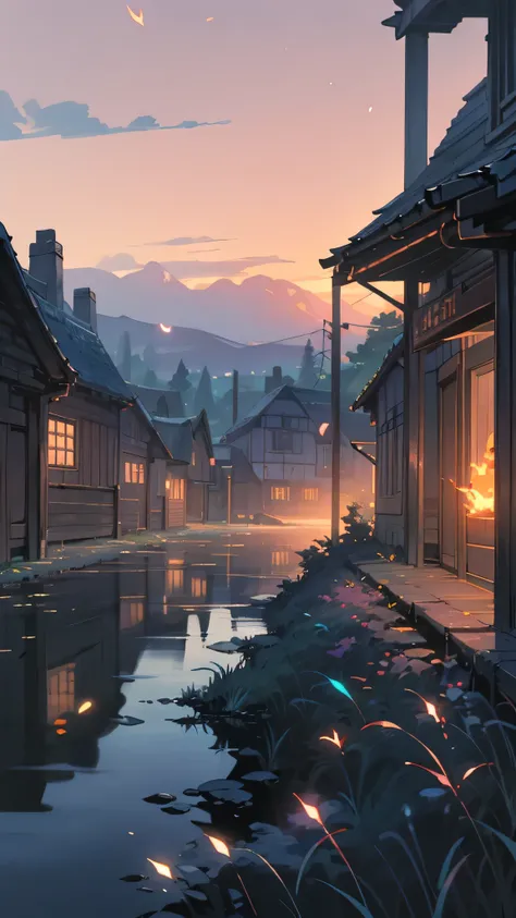 High-quality anime-style background illustration, warm nostalgic sunset over a rural countryside town, soft golden light reflecting on wooden houses, small quiet streets with vintage telephone poles, a narrow path leading to a distant hill, warm orange and...