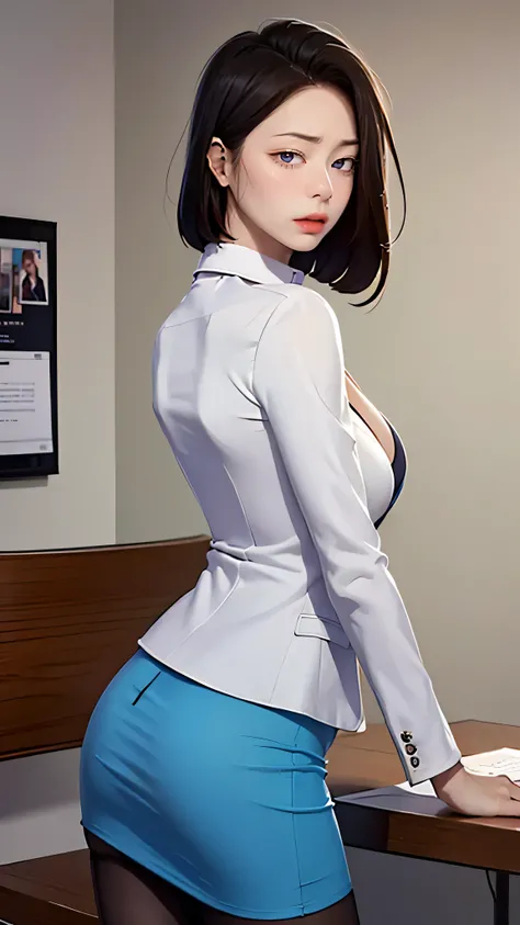 Upper body, soo-ah,((Random Sexy pose)), ((Ultra detailing)), (very aesthetic, best quality, ultra detailed), intricate details, 1girl, short hair, Blue inner hair  , ((Detailed eyes)), ((Beautiful eyes)), ((prefect eyes)), sharp jawline, Blush, medium bre...