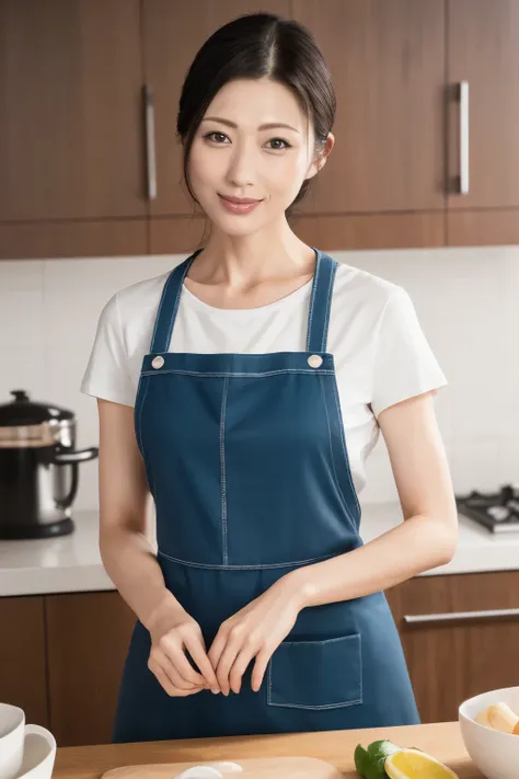 ( top quality、 table top、8k、 Max Image Quality、 Award-winning work )、1. mature woman、(The perfect apron:1.1)、Portrait photo of a perfect beauty 、 growing skin、( accentuates your body line:1.1)、She is standing gracefully、( Face Up :1.4)、A woman is watching...