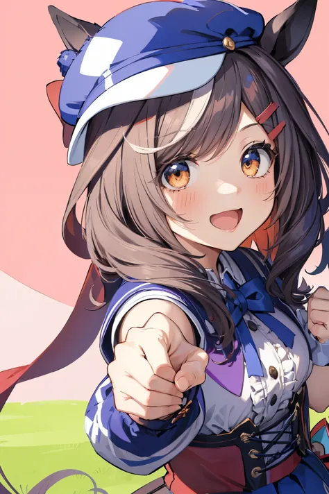 (( Machikanetanheuza)), cheerleader,Pompoms on both hands,(hat), masterpiece, top quality, Ultra- detail ed, illustration, 1 girl,loli, and laugh, Alone, from below/low angle, horse tail,reaching out,