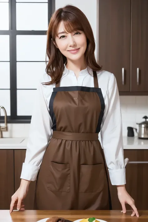 ( top quality、 table top、8k、 Max Image Quality、 Award-winning work )、1.  mature woman、(The perfect apron:1.1)、Portrait photo of a perfect beauty 、 growing skin、 dark brown hair、( accentuates your body line:1.1)、She is standing gracefully、( Face Up :1.4)、A ...