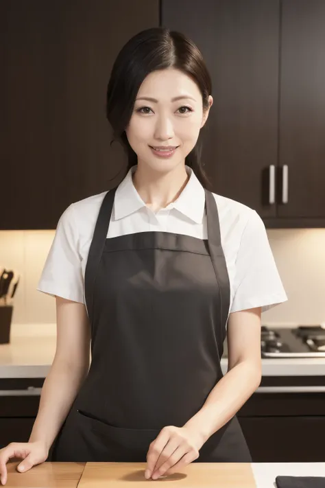 ( top quality、 table top、8k、 Max Image Quality、 Award-winning work )、1. mature woman、(The perfect apron:1.1)、Portrait photo of a perfect beauty 、 growing skin、 dark brown hair、( accentuates your body line:1.1)、She is standing gracefully、( Face Up :1.4)、A ...