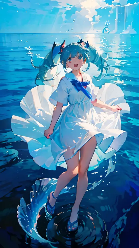 ( required items), ( top quality),  very well detailed,  1 girl,  Perfect Face, ( solo full body shot:1.3),  very well detailed顔，( blue-haired twintails:1.5)，(  blue eyes:1.4)，(In the water:1.4)，( white dress :1.5)， ocean ，School of small fish，light，bubble...