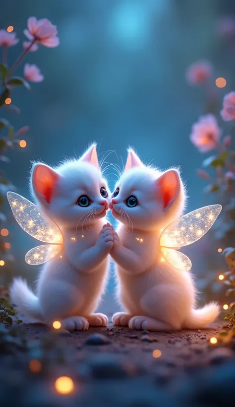 Two glowing kittens with fur made of soft, radiant lights in a fantasy world. Their eyes are large and luminous, with tiny twinkling stars in them. The kittens have delicate, transparent wings similar to fairy wings. The background is a magical, dreamy lan...