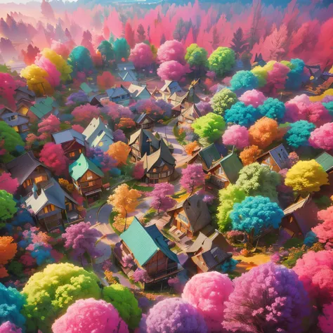 a brightly colored trees surround a small village in a forest, candy forest, cotton candy trees, colorful concept art, beeple colors, artem demura beeple, 3 d render beeple, colorful kitsune city, cinema 4d colorful render, whimsical fantasy landscape art,...