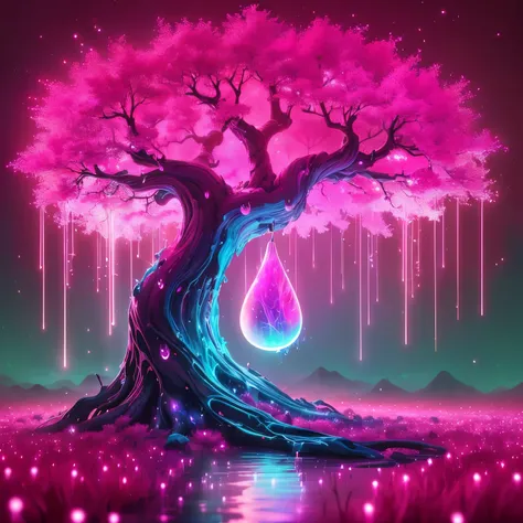 a tree with a pink drop hanging from it's trunk, magical tree, fantasy tree, dripping colors, background artwork, magic tree, stylized digital art, glowing threads of drop, digital art 4k, digital art 4 k, glowing liquid, 4k detailed digital art, very beau...