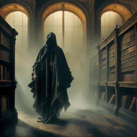 A towering Gothic epic library with an infinite celestial design, where a lone man stands amidst spiral shelves overflowing with endless books. The library is a cavernous space, illuminated by ethereal light filtering through high, arched windows, casting ...