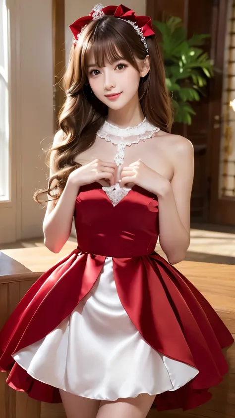 (((Top Quality))), (((Masterpiece))), (((Detail))), tall, looking at camera, face-to-face, pure red shiny silk satin ruffle girly empire length wedding dress, hands thrust forward, Japanese, brown hair, long hair, gorgeous room,. Gorgeous ribbon hair acces...