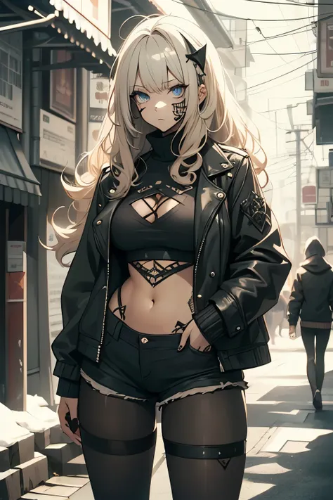 girl with long blond curly hair, has blue eyes, wears ripped black shorts, wears ripped pantyhose, wears black sweater, wears leathery jacket, goth makeup, anime, winter background, village background, has a curvy and musclar figure, is in a bad mood, look...