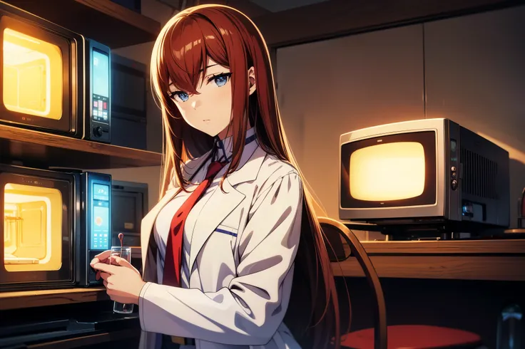 masterpiece、Best Quality、High resolution、Detailed face、((anime、Anime painting、Anime coloring、RAW Photos)), Makise Kurisu , 1girl , bangs, belt,  blue eyes, hair between eyes, long hair, looking at viewer,  Makise Kurisu , Necktieopen_labcoat, blown hair, w...