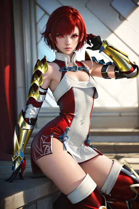 PERFECTIVE ANATOMY top quality, highest resolution,(((shiny red and white latex short dress Shiny red hair Shiny Shoulder Armor Shiny Gauntlets short hair red eyes shiny skin Shiny Thigh-High Boots flat chest))) Hinoka hold up a spear