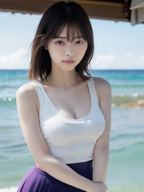   Supreme Masterpiece 、  top quality ,  super high resolution、Wore a tight white ribbed tank top and a lavender-colored flared skirt１A beautiful Japanese girl is standing on the edge of the waves、 big breasts、 I can see a little cleavage 、 summer beach、 Ho...