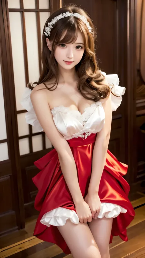 (((Top Quality))), (((Masterpiece))), (((Detail))), tall, looking at camera, face-to-face, pure red shiny silk satin ruffle girly empire length wedding dress, hands thrust forward, Japanese, brown hair, long hair, gorgeous room,. Gorgeous ribbon hair acces...