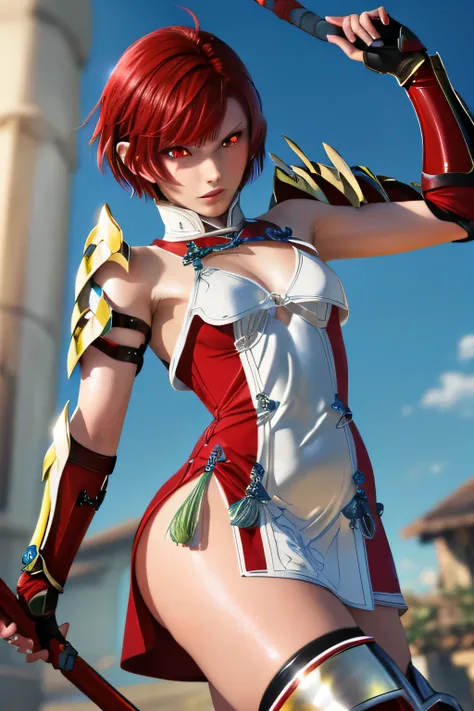  PERFECTIVE ANATOMY　 top quality,  highest resolution,(((shiny red and white latex short dress　Shiny red hair　 Shiny Shoulder Armor　Shiny Gauntlets 　 short hair　  red eyes　 shiny skin　 Shiny Thigh-High Boots 　flat chest)))　Hinoka　 hold up a spear