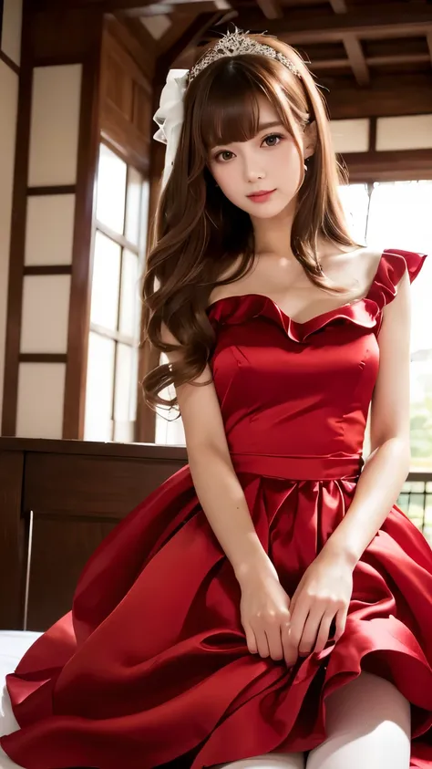 (((Top Quality))), (((Masterpiece))), (((Detail))), tall, looking at camera, face-to-face, pure red shiny silk satin ruffle girly empire length wedding dress, hands thrust forward, Japanese, brown hair, long hair, gorgeous room,. Gorgeous ribbon hair acces...