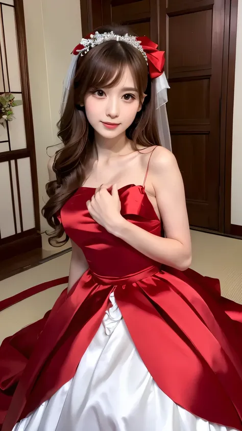 (((Top Quality))), (((Masterpiece))), (((Detail))), tall, looking at camera, face-to-face, pure red shiny silk satin ruffle girly empire length wedding dress, hands thrust forward, Japanese, brown hair, long hair, gorgeous room,. Gorgeous ribbon hair acces...