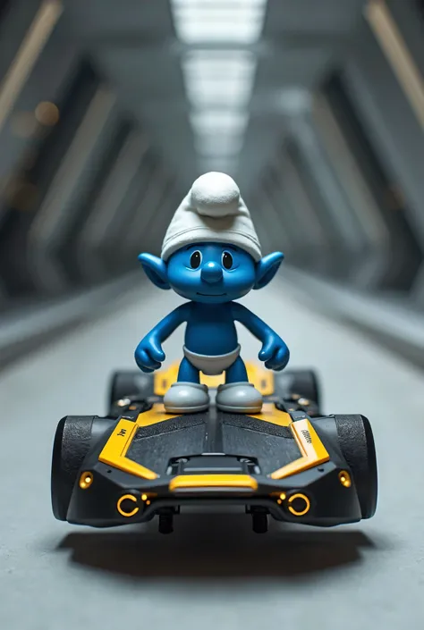 MAKE ME A FUTURISTIC SKATEBOARD IN BLACK AND YELLOW WITH A SMURF ON IT