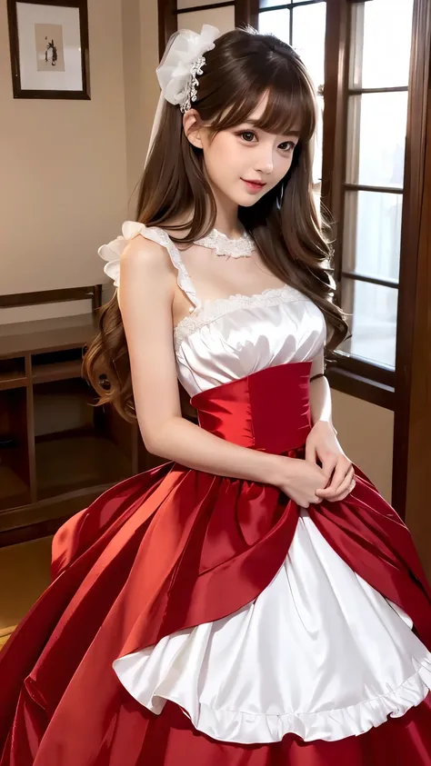 (((Top Quality))), (((Masterpiece))), (((Detail))), tall, looking at camera, face-to-face, pure red shiny silk satin ruffle girly empire length wedding dress, hands thrust forward, Japanese, brown hair, long hair, gorgeous room,. Gorgeous ribbon hair acces...