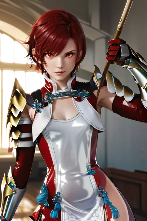 PERFECTIVE ANATOMY best quality, highest resolution,(((shiny red and white latex short dress Shiny red hair Shiny Shoulder Armor Shiny Gauntlets short hair red eyes shiny skin Shiny Thigh-High Boots flat chest))) Hinoka hold up a spear Ride on ...