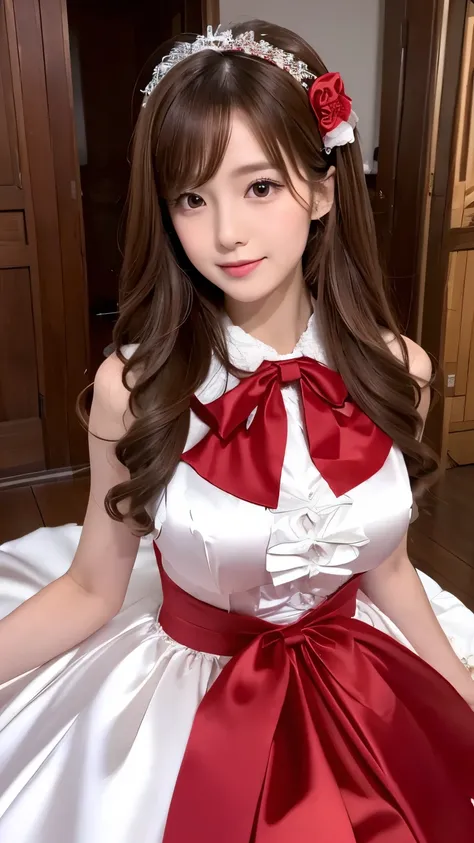 (((Top Quality))), (((Masterpiece))), (((Detail))), tall, looking at camera, face-to-face, pure red shiny silk satin ruffle girly empire length wedding dress, hands thrust forward, Japanese, brown hair, long hair, gorgeous room,. Gorgeous ribbon hair acces...