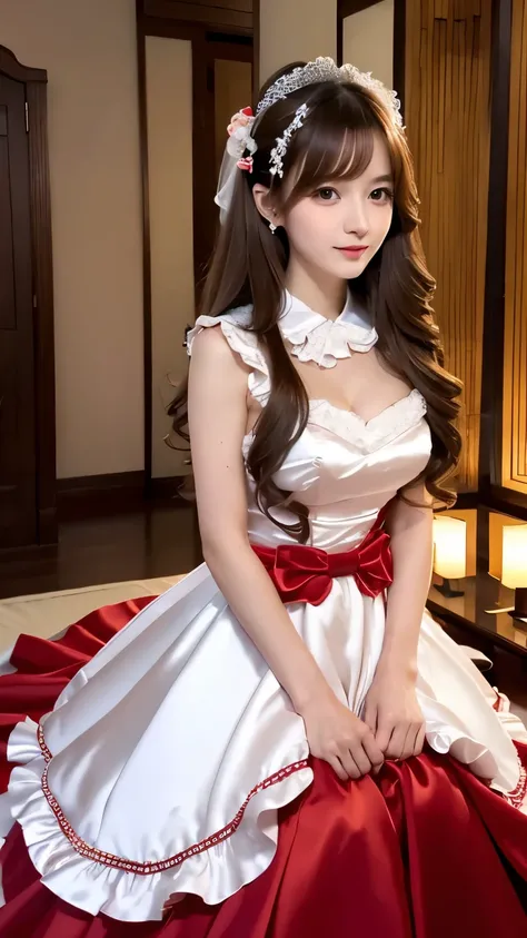 (((Top Quality))), (((Masterpiece))), (((Detail))), tall, looking at camera, face-to-face, pure red shiny silk satin ruffle girly empire length wedding dress, hands thrust forward, Japanese, brown hair, long hair, gorgeous room,. Gorgeous ribbon hair acces...