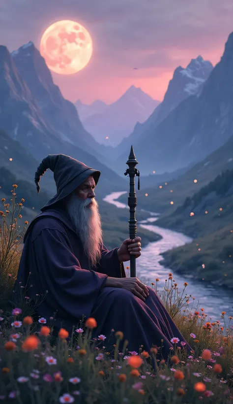 Highly detailed digital art of a medieval wizard sitting in a field wildflowers, holding hes staff. The wizard has a melancholic air, resting amidst petals floating gently in the wind. The background showcases majestic mountains, a moon lit valley bathed i...