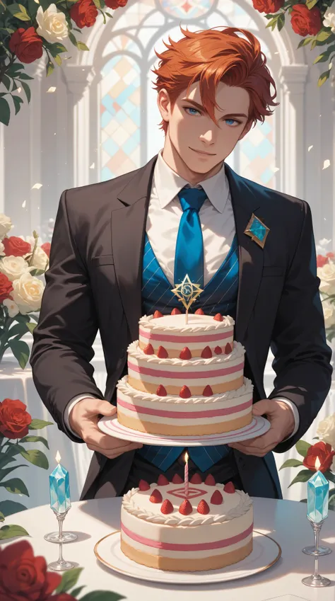 Alone, a birthday cake,  crystals on the cake,  radiant, divine symbol ,  white man, redhead, quiff ,  elegant black suit,  blue tie.