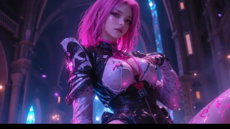 A cinematic medium shot of a dark fantasy scene with a powerful and enchanting female protagonist with striking neon pink hair. She dons a form-fitting outfit adorned with intricate architectural, anime, graffiti, and 3D render details. The background mast...