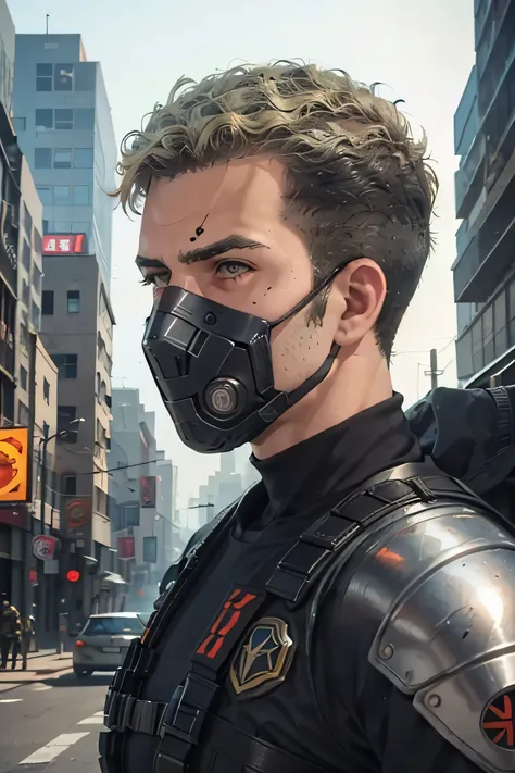 um close de um homem, cyberpunk, herói cyberpunk,brown eyes, male cyborg , in the style of the Apex Legends, valuing character, a age biopunk cyborg, cybernetic armor , em cyberpunk 2077, cyber suit, cybernetic armor , Sigma de Overwatch, rating jet, cloth...