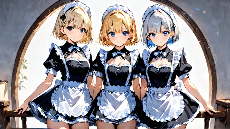 Masterpiece, High quality, 4K, HDR,,
two cute slender girls, 顔どアップ
one with silver short hair other one with blond short hair,
one with black eyes other one with blue eyes,
one wearing mini-skirt bule maid dress other one wearing gothic maid,
white backgro...